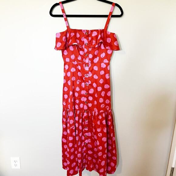 BORGO DE NOR Red Florence Ruffled Polka-dot Cotton Midi Dress small - Picture 2 of 12